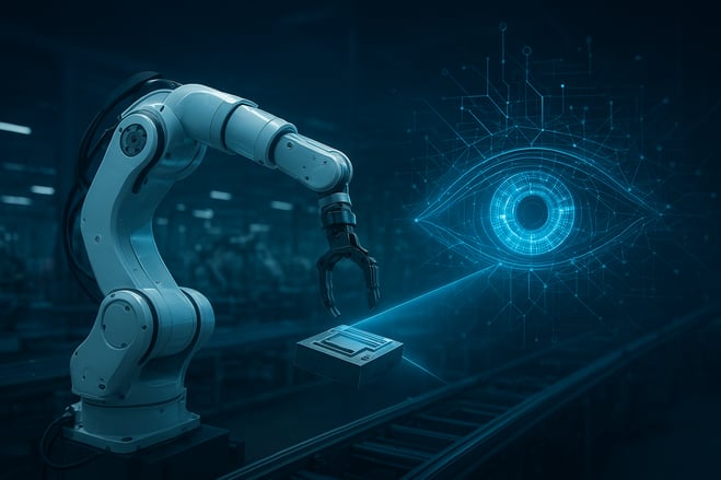 Industrial automation in Europe robotic arm with AI vision tech.